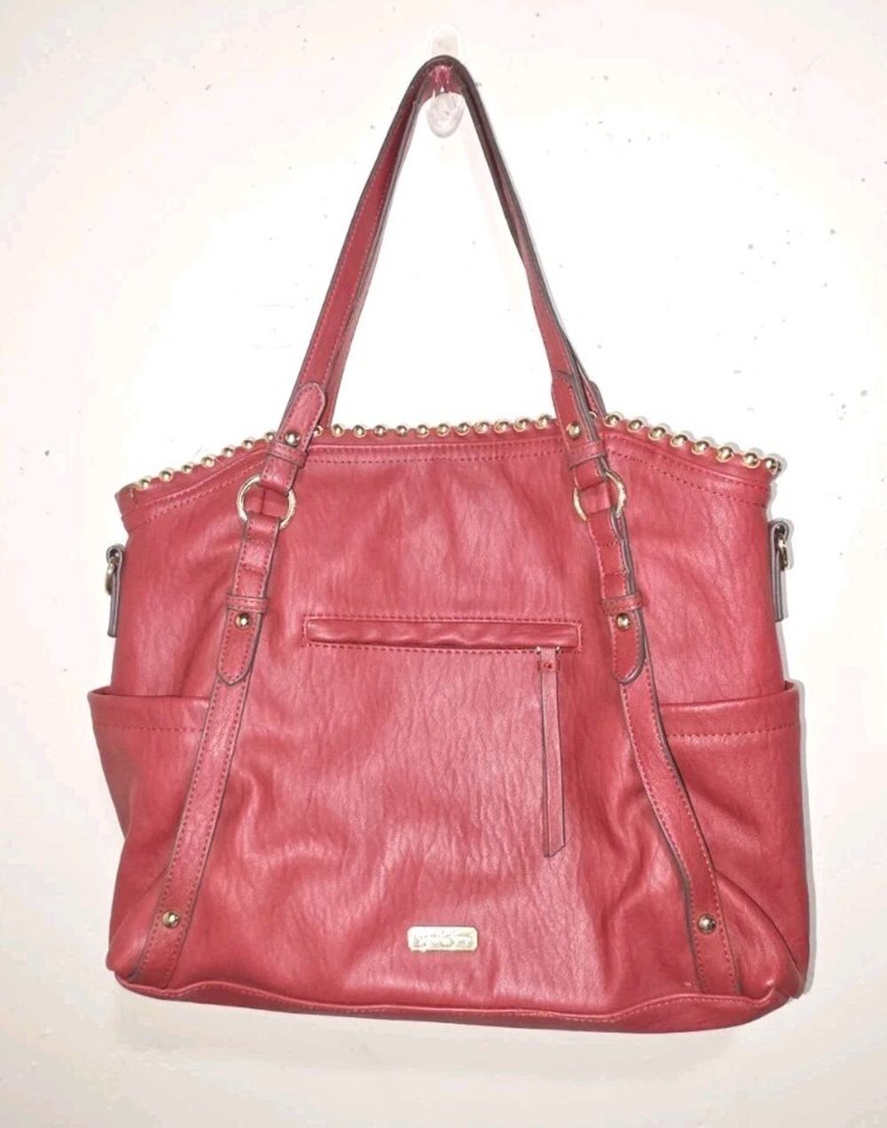 Jessica Simpson Red Studded Tote Bag Leopard Print Lining Gold Hardware Purse